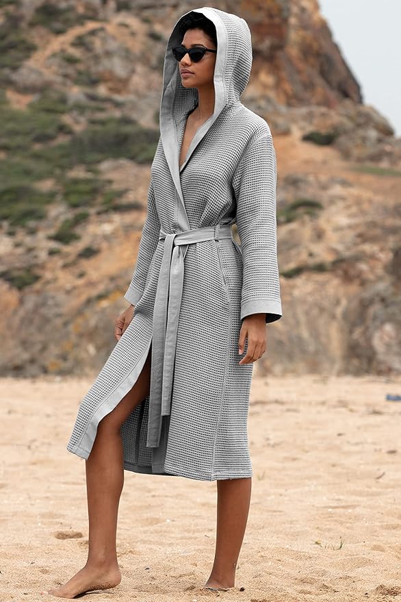 SEYANTE Women's Organic Cotton Waffle Kimono, Hooded Robe – GOTS Certified Lightweight Full-Length Spa Bathrobe with Piping