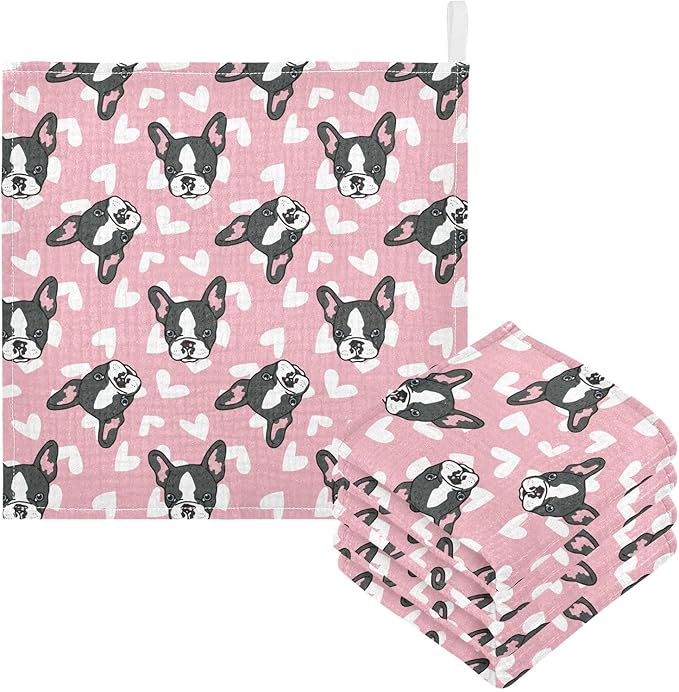 Baby French Bulldog Heart Msulin Washcloths Newborn Face Towel - Baby Muslin Burp Cloths 5 Pack Soft Absorbent Natural Cotton Wash Towel 11.8"X11.8" Baby Bath Towels Wipes