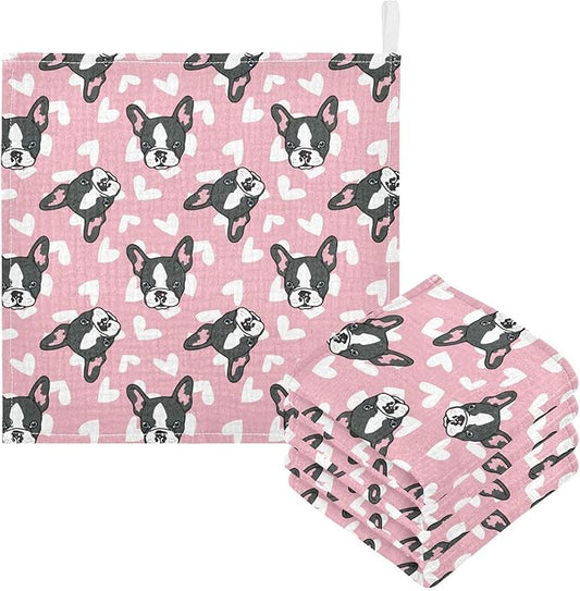 Baby French Bulldog Heart Msulin Washcloths Newborn Face Towel - Baby Muslin Burp Cloths 5 Pack Soft Absorbent Natural Cotton Wash Towel 11.8"X11.8" Baby Bath Towels Wipes