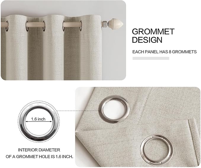 MIULEE Linen Curtains for Bedroom 100% Blackout Thermal Insulated Cobblestone Grommet Room Darkening Curtains & Drapes for Living Room Nursery 52 x 63 Inch (2 Panels)
