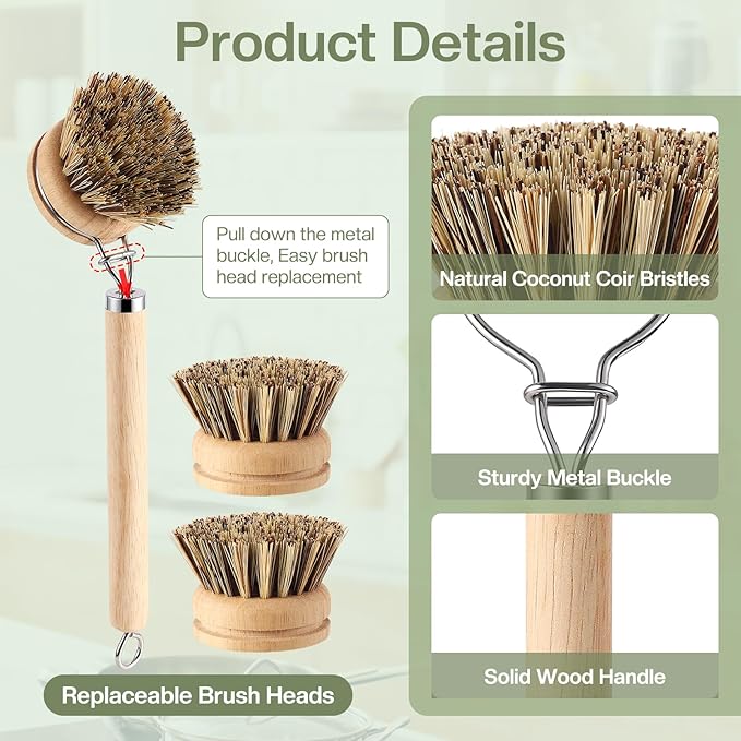 5 Pcs Bamboo Wood Dish Brush Set Includes 1 Wooden Handle with 3 Natural Replaceable Bristle Heads and 1 Handheld Bamboo Wok Brush Scrubber for Dishes Pans Pots Fruit and Veggie Washing(Style C)