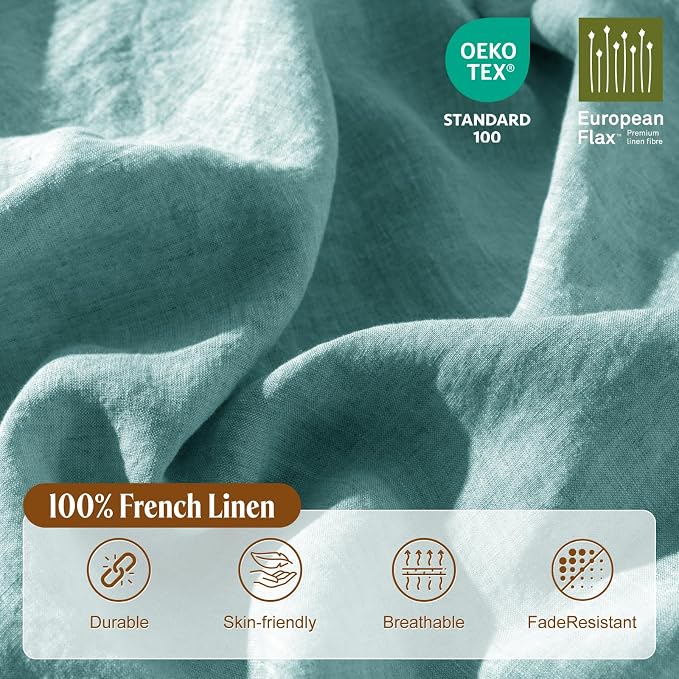 LBRO2M 100% France Linen Duvet Cover Set 3 Pcs Including 1 Flax Comforter Cover with Zipper Closure, 2 Pillowcase, Cozy Duvet Cover Full Size, Aqua