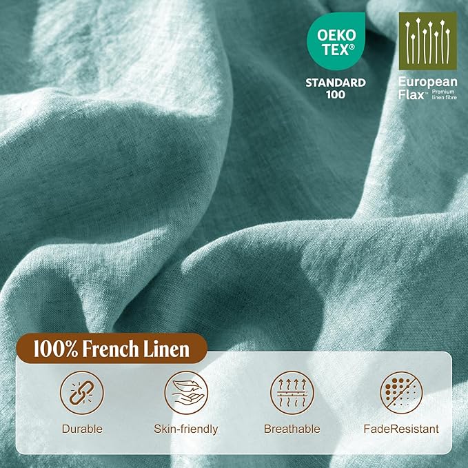 LBRO2M 100% France Linen Duvet Cover Set 3 Pcs Including 1 Flax Comforter Cover with Zipper Closure, 2 Pillowcase, Cozy Duvet Cover King Size, Aqua