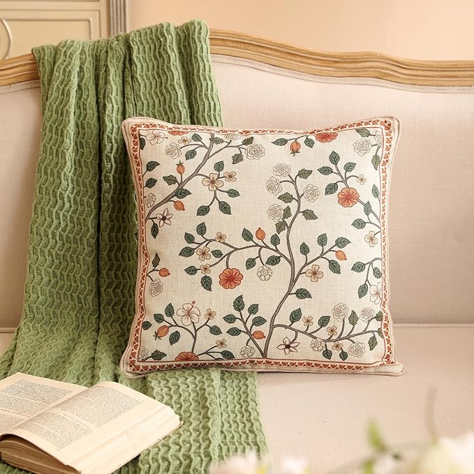 ISAENNE Design Linen Classic Throw Pillow Covers 18"x18" Pack of 2, French Farmhouse Square Cushion Covers with Orange White Floral Pattern Decoration Pillowcases for Bed,Living Room,Outdoor,Car