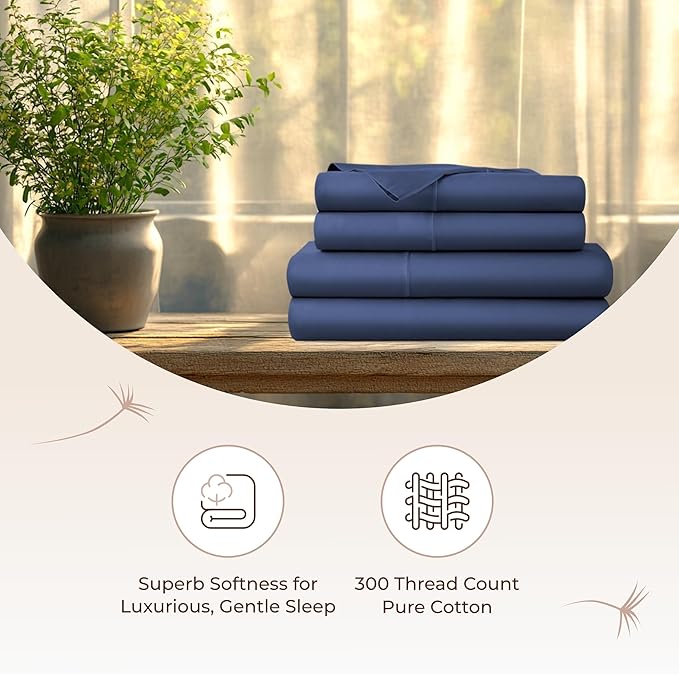 100% Organic Cotton Sheets Queen Size - GOTS Certified Organic Bed Sheets with Deep Pocket 300 Thread Count & Cozy Sateen Weave Gets Softer with Each Wash - Luxury 4 Piece Set (Navy, Queen)