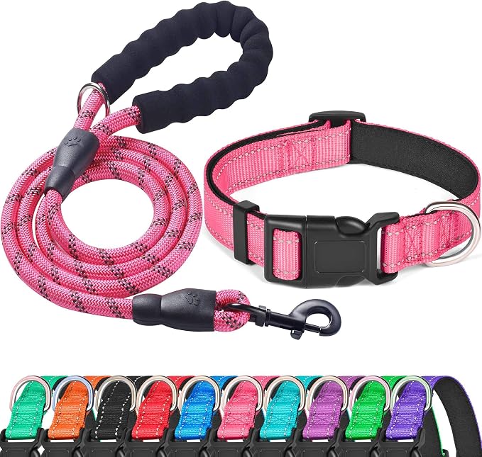 Ladoogo Reflective Dog Collar Padded with Soft Neoprene Breathable Adjustable Nylon Dog Collars for Small Medium Large Dogs (Medium (Pack of 1), Pink Collar+Leash)
