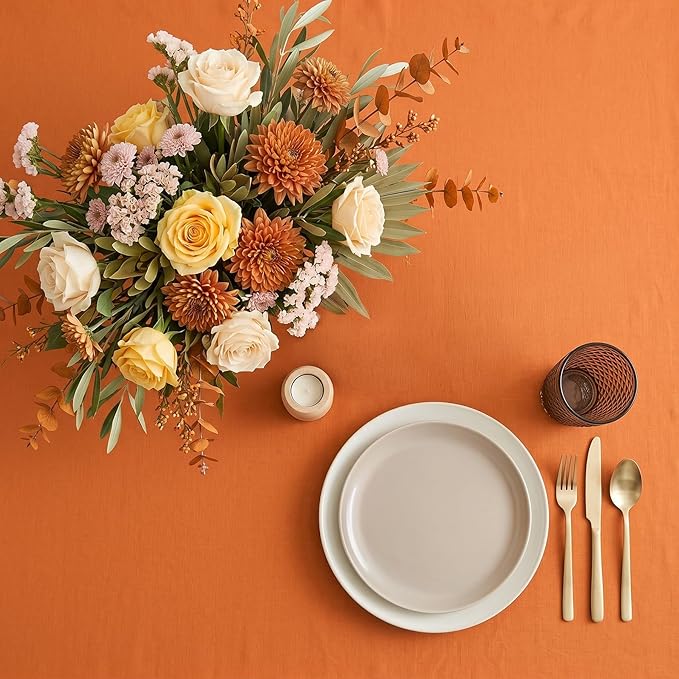 Solino Home Linen Tablecloth 60 x 120 Inch - 100% Pure Linen Persimmon Orange Table Cloth for Rectangle Tables - Fete, Machine Washable Tablecloth for Summer
