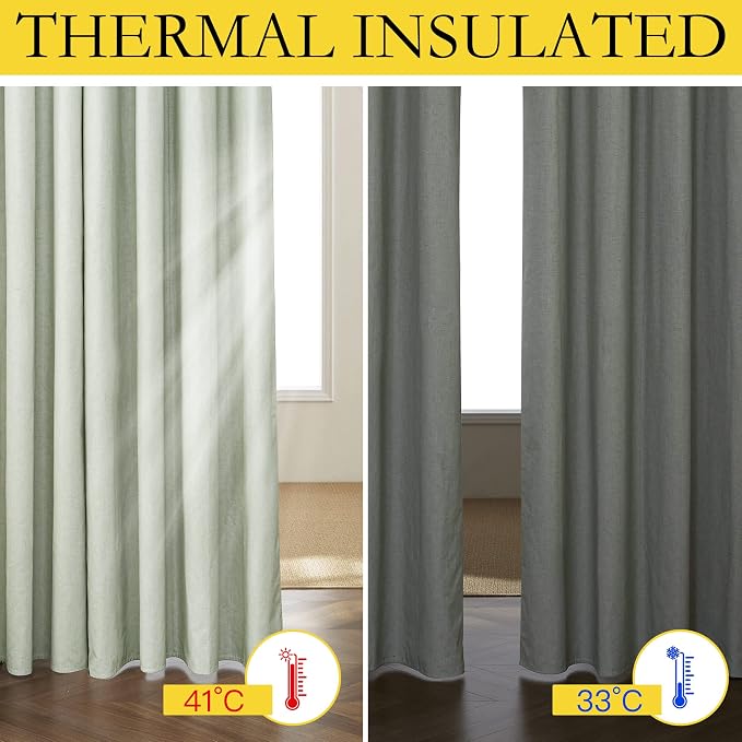 NICETOWN Light Green Linen 100% Blackout Curtains 120" Length with Thermal Insulated Liners, Farmhouse Style Extra Long Window Draperies for Patio Sliding Glass Door (2 Panels, 52" W)