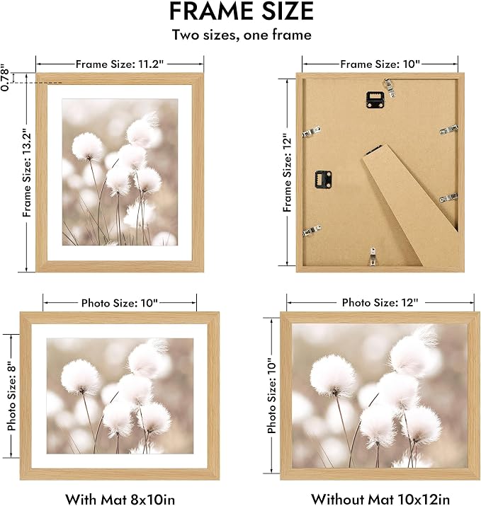 Hongkee 10x12 Oak Wood Picture Frame 1 Pack(Matted 8x10), Real Glass Cover | Natural, 10 x 12 Solid Wood Frame for Wall or Tabletop Display - Includes Easel Back, Vertical Hang - Ideal for Home, Office
