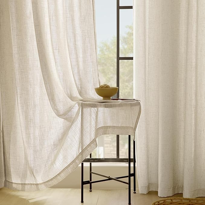Faux Linen Beige Curtains 45 inches Long for Living Room Rustic Farmhouse Linen Drapes Semi Sheer Burlap Textured Canvas Cloth Curtain Panels Set of 2 Kahki Tan Colored