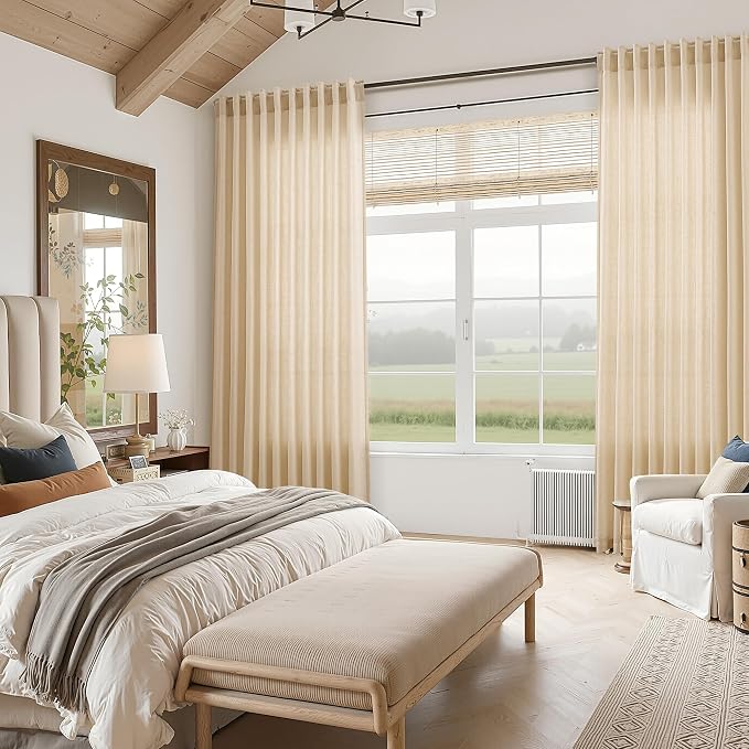 Extra Long Curtain 108 Inches Long Set Back Tab Tan Linen Drapes for Living Room Neutral Farmhouse Light Filtering Semi Sheer Linen Curtains 108 Inch Length for Large Window 9 FT, 2 Panels