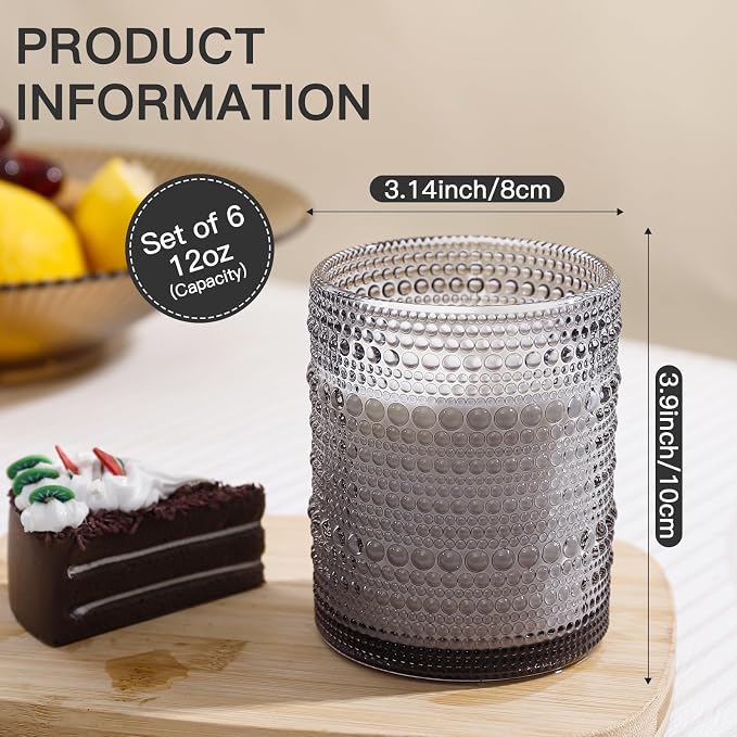 JOVGANK Grey Vintage Hobnail Drinking Glasses Set of 6, Embossed Water Tumbler 12oz, Kitchen & Bar Beaded Glass Cups, Beverage Glass Cups for Water, Beer, Juice, Gift for Housewarming Mother's Day