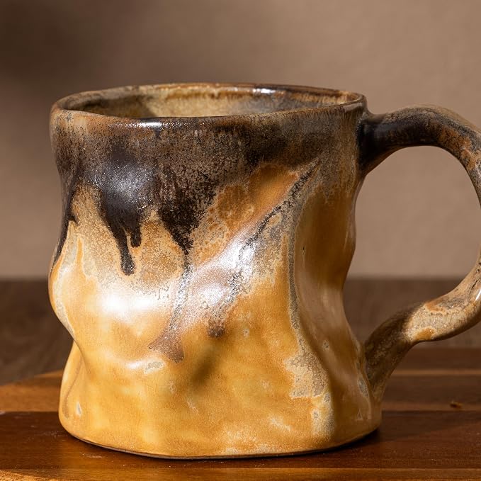 Handmade Ceramic Coffee Mugs, Mugs with Spoon, 11oz, Handmade Pottery Mug with Handle, Hand-painting, Unique Uneven Surface Tea cups, Dishwasher and Microwave Safe (Yellow)