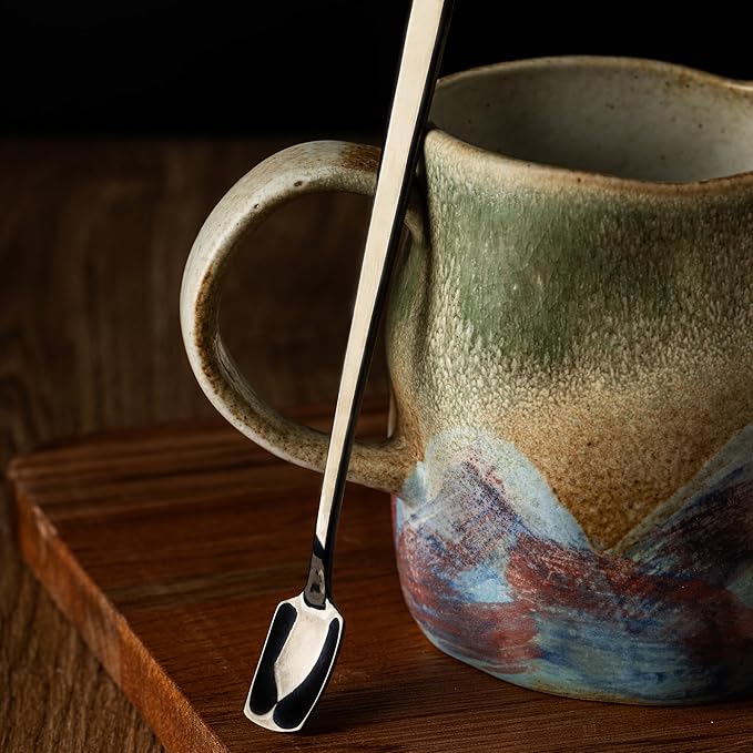 Handmade Ceramic Coffee Mugs, Mugs with Coffee Spoon, 11oz, Handmade Pottery Mug with Handle, Hand-painting, Unique Uneven Surface Tea cups, Dishwasher and Microwave Safe (White)