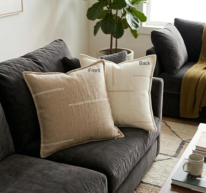 SanVia Cotton Throw Pillow Covers 20x20 – Handwoven Jacquard Texture, Fade-Resistant, No Pilling – Hidden Zipper, Decorative Cushion Cover for Sofa, Couch, Bed – Insert Not Included (Modern, Beige)