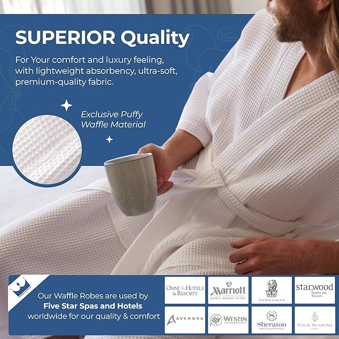 MONARCH Unisex Square Waffle Spa Kimono Robe – Soft Lightweight Fabric & Generously Sized Hotel & Spa Robe with Pockets