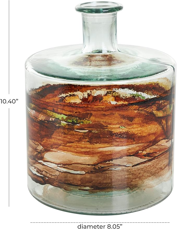 Deco 79 Recycled Glass Decorative Vase Abstract Spanish Bottle Centerpiece Vase with Swirled Colored Glass Bands, Flower Vase for Home Decoration 8" x 8" x 10", Clear