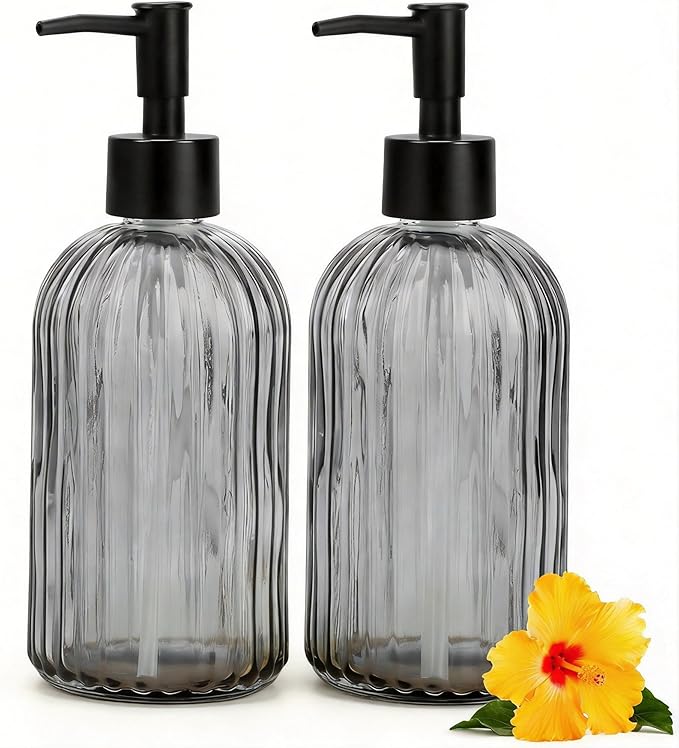Glass Soap Dispenser Set with Wood Tray, Glass Soap Dispenser with Plastic Pump, Hand and Dish Set for Bathroom Decor (Grey)