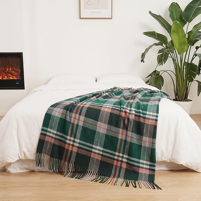100% Wool Blanket Throw,Green Plaid Wool Blanket with Compact Bag,Rustic Soft Lightweight Blanket for Couch,Sofa,Bed & Lounging Decoration, Warm Travel Blanket for Home, Airplane,Ideal Gifts 55"x83"