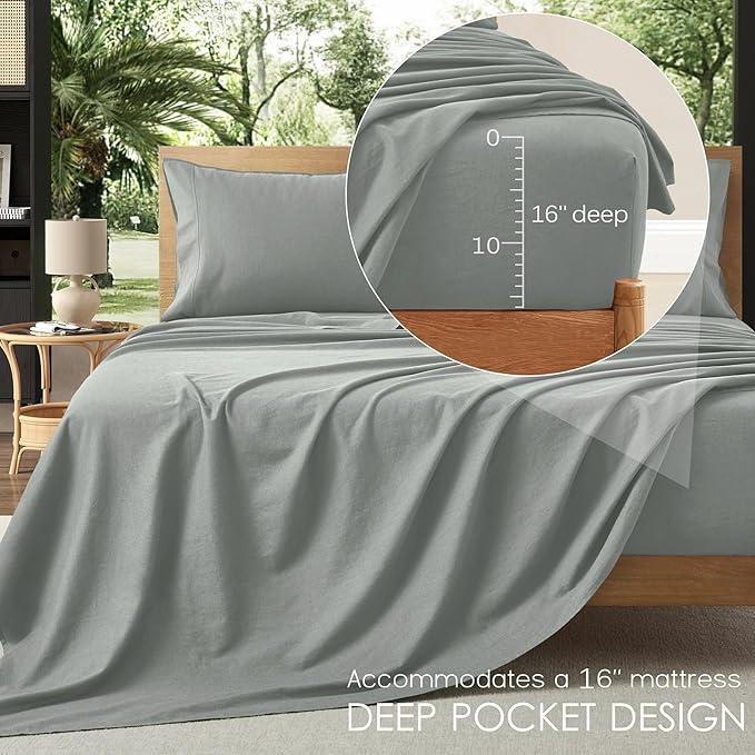 3Pcs Organic Linen Sheets Twin Size, 100% French Linen from Normandy, Tear-Resistant Earl Gray Bed Sheets Twin Sheet Set with 16 Inch Deep Pocket, 1 Flat Sheet, 1 Fitted Sheet, 1 Pillowcases