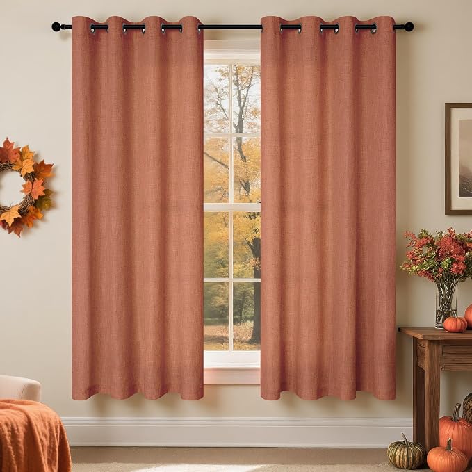 Pitalk Mid Century Modern Curtains for Living Room 63 Inch Length Grommet Colorful Boho MCM Linen Sheer Funky Curtains for Bedroom Bay Window Terracotta Colored Rust Terra Cotta Brick Red 52x63 Long