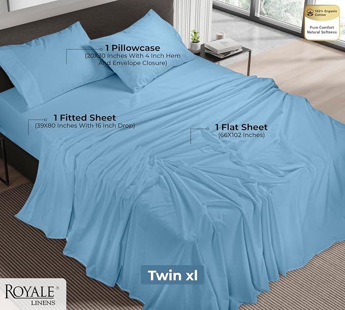 Royale Linens 100% Organic Cotton Twin XL Sheet Set - Percale Weave - 3 Pieces Set - 1 Flat, 1 Deep Pocket Fitted Sheet and 1 Pillowcases -Lake Blue Bed Sheets -Sábanas Twin XL -Crisp Cool (Lake Blue)