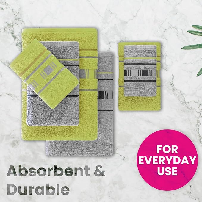 CASA COPENHAGEN X Line 6Pcs 100% Egyptian Cotton Large Designer Towels Gift Set- Grey - Green, 600 GSM, 2Bath 2Hand 2Washcloths, Bath Towels for Bathroom Set for Women & Men