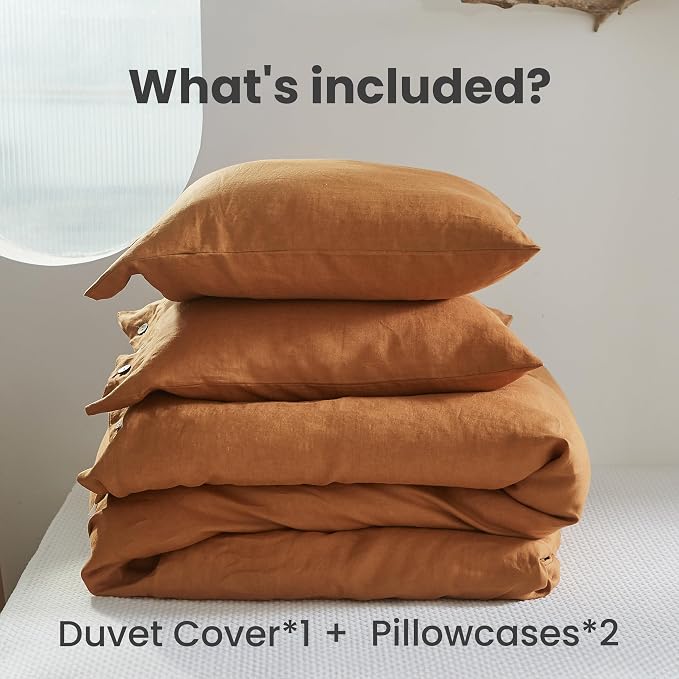Simple&Opulence 100% Linen Duvet Cover Set 3pcs with Coconut Button Closure Natural French Washed Flax Solid Color Soft Breathable Farmhouse Bedding - Rust, Queen Size