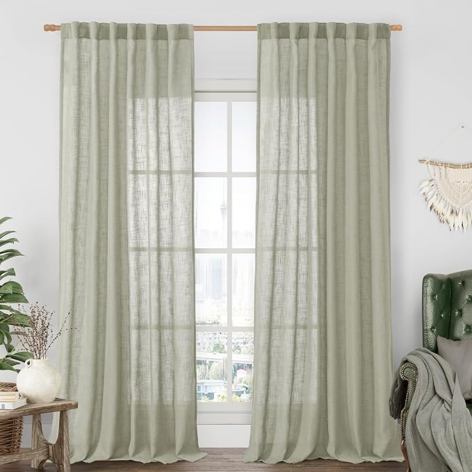 LAMIT Sage Grey Linen Curtains for Living Room 84 inch Length 2 Panels, Light Filtering Semi Sheer Curtains Back Tab and Rod Pocket Farmhouse Panels for Bedroom/Sliding Glass Door, 52 x 84 Inch