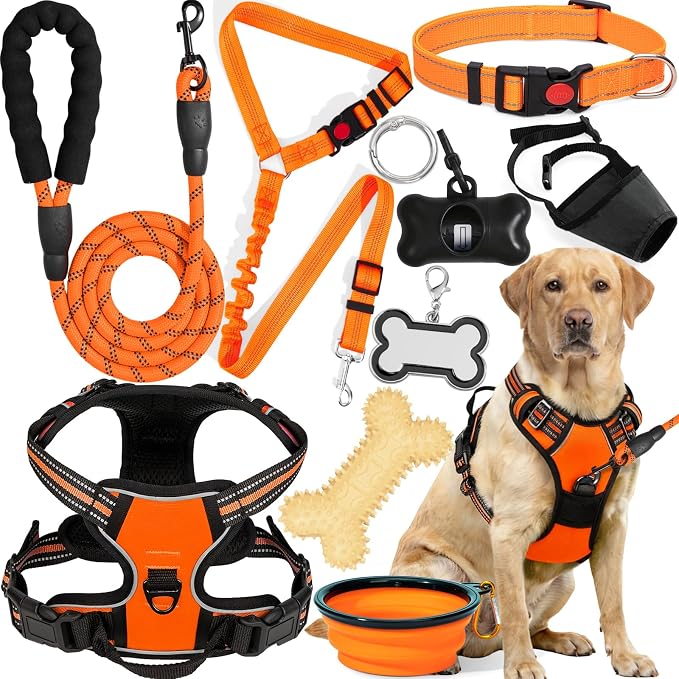 No Pull Dog Harness Adjustable Collar & Leash Set - Dog Halter Harnesses Collapsible Bowls & Poop Bag Dispenser Muzzle ID Tags Toys Fits Small Medium Large Dogs (Orange-XL)