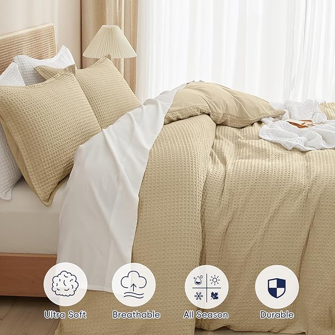 PHF Waffle Weave Duvet Cover Set Queen Size, No Snagging Ultra Soft Luxury Textured Breathable Comforter Cover for All Season 3pcs, Durable Bedding Duvet Set with 2 Pillow Shams, 90"x90", Khaki