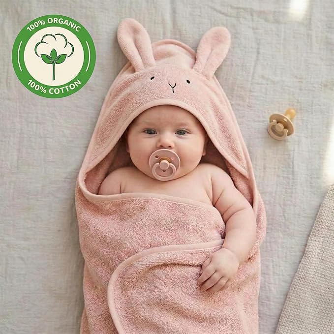 Hooded Baby Towel – 100% Organic Cotton Baby Bath Towels – Baby Girl Newborn Essentials - Super-Soft and Absorbent. (Rabbit - Blush)