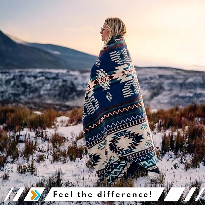Alpaca Wool Throw Blanket, Native Design Wool Blanket, Throw Aztec Pattern Alpaca Wool Throw Blanket (Blue, Throw 78"x48")