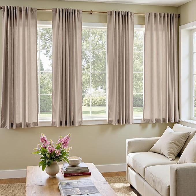 jinchan Linen Curtains with White Privacy Lining Taupe Lined Curtains 63 inch for Closet Small Window Living Room Bathroom Neutral Farmhouse Cottage Core Light Filtering Rod Pocket Back Tab 2 Panels