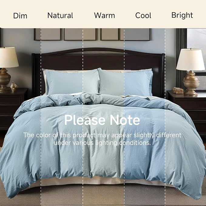 QKTE French Linen Duvet Cover Set, 3 PCS Natural French Flax Dusty Blue Duvet Cover Queen Size, Breathable Soft Comfy Linen Bedding Comforter Cover with 2 Pillowcases(Dusty Blue, 88" x 92")