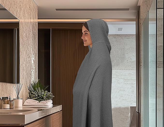 COTTON CRAFT Hooded Bath Towel – 2 Pack Oversized 35x70 Waffle Weave Towel with Hood for Adults - 100% Ringspun Cotton Pool Bath Sheet Wrap with Hood - Soft Super Absorbent Quick Dry – 450 GSM – Grey