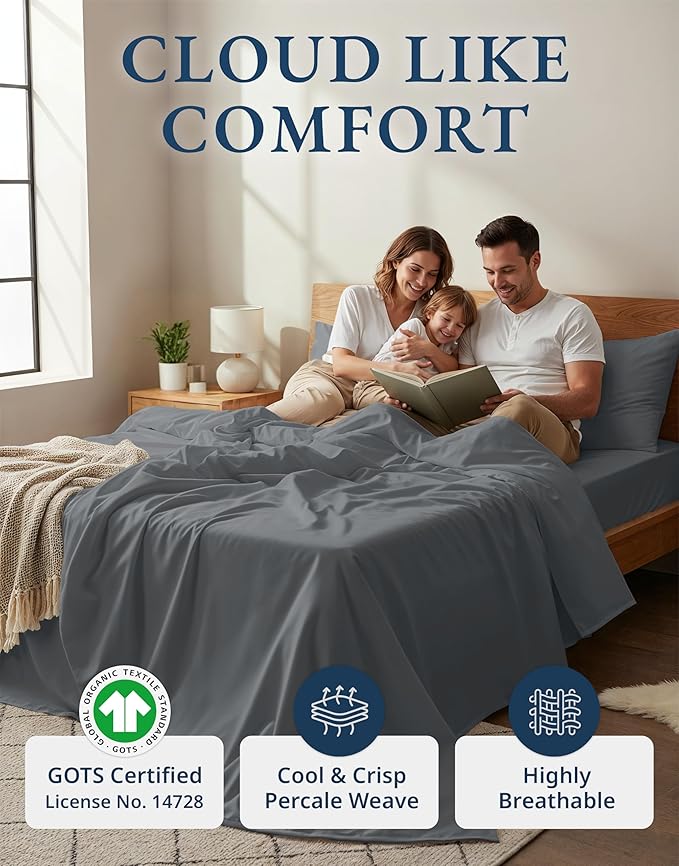 LANE LINEN 100% Organic Cotton 3Pc Bed Sheets Twin Size, Classic Percale Weave, Soft & Comfy Fully Elasticized Naturally Cooling Cotton Sheets, Low Pill Machine wash Twin Sheet Set- Charcoal