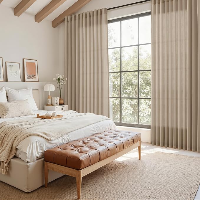 Nanspring Sepia Beige Linen Curtains 96 Inches Long for Living Room Rustic Farmhouse Decor Light Filtering Semi Sheer Curtain Back Tab Neutral Modern Luxury Drapes for Bedroom Office 52x96, 2 Panels