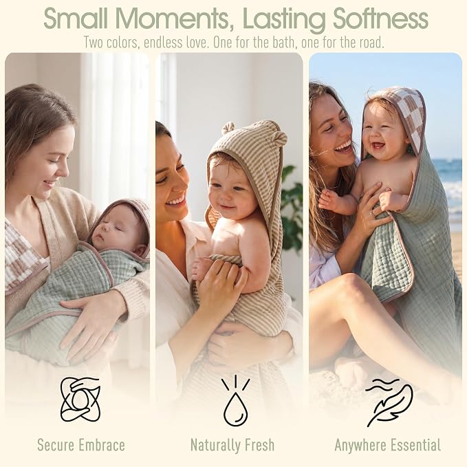 4-Piece Muslin Baby Towel Set - Made with Organic Cotton, (2) 6-Layer 32x32 Towels & (2) Washcloths, Bath, Beach & Pool Gift Set (Neutral Sage Mix)