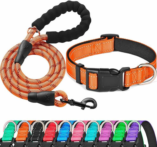 Ladoogo Reflective Dog Collar Padded with Soft Neoprene Breathable Adjustable Nylon Dog Collars for Small Medium Large Dogs (X-Small (Pack of 1), Orange Collar+Leash)
