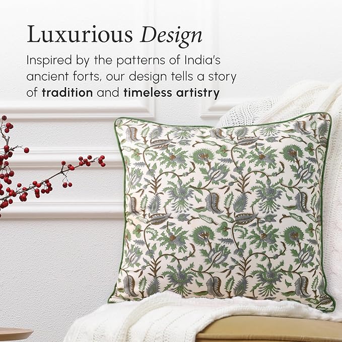 CPC 100% Cotton Throw Pillow Covers 18x18 Inch, Set of 2 Green Block Print Pattern Couch Pillow, Cute Boho Decorative Pillows for Living Room, Bedroom with Hidden Zipper- Mint Leaf
