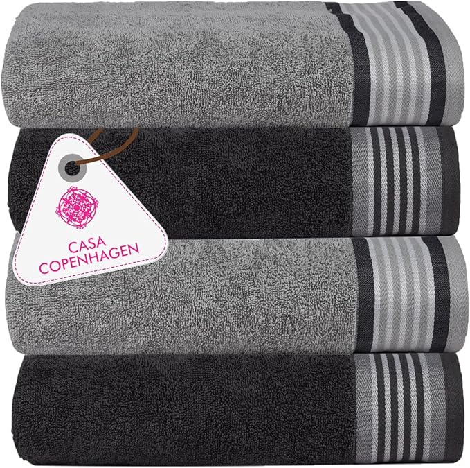 CASA COPENHAGEN He & She 4Pcs 100% Egyptian Cotton Large Designer Towels Gift Set- Pinstripe - Grey Violet, 550 GSM, 55"x27", 4Bath Towels for Bathroom (Box Pack, Set for Women & Men)