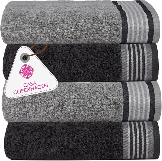 CASA COPENHAGEN He & She 4Pcs 100% Egyptian Cotton Large Designer Towels Gift Set- Pinstripe - Grey Violet, 550 GSM, 55"x27", 4Bath Towels for Bathroom (Box Pack, Set for Women & Men)