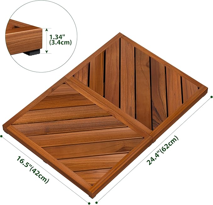 Teak Wood Bath Mat for Bathroom - (24.4" x 16.5") Non Slip Wooden Shower Mat Floor Sturdy Mats for Outside Inside Shower Luxury Spa Home or Outdoor