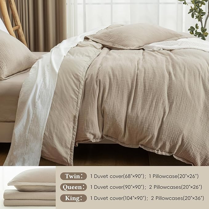 David's Home 100% Cotton Muslin Duvet Cover Set Twin Size,2 Pcs Ultra Soft Breathable & Lightweight Gauze Bedding Set with 1 Pillowcase,Textured Home Decor with Button, 68"×90" Natural,No Insert
