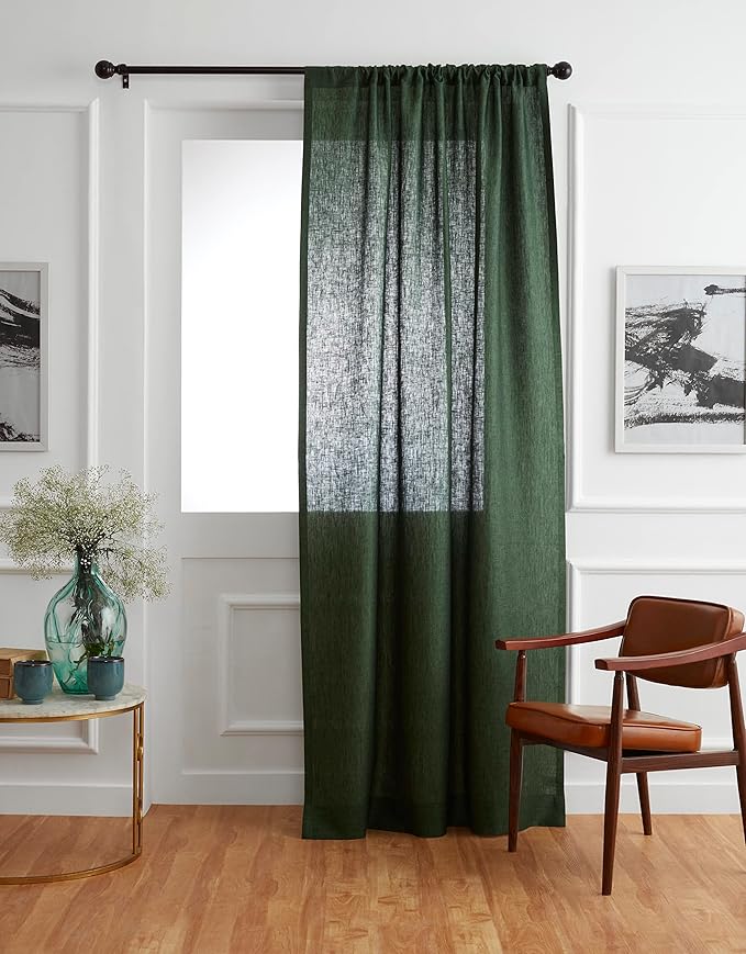 Solino Home European Flax Linen Curtain Forest Green, 52 x 108 Inch Light Filtering Rod Pocket Curtain 108 Inches Long, 100% Pure Linen Window Treatment for Living Room, Bedroom - 1 Panel