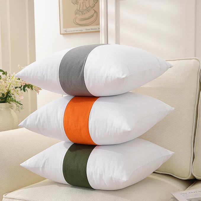 TAOSON Set of 2, 100% Cotton Canvas Patchwork Throw Pillow Covers 20x20 Inch Modern Olive Green Striped Pillow Cushion Covers Farmhouse Decor Pillow Cases for Couch Living Room Bed Sofa Decor