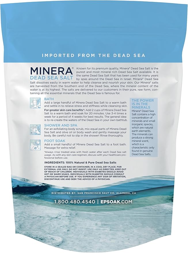 Minera Fine Grain Dead Sea Salt for Bath & Soaking – 2 lbs, Fast-Dissolving, 100% Pure & Natural, Unscented, Skin-Nourishing Sea Salt