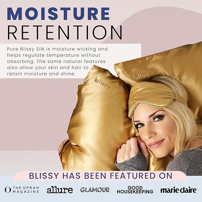 Blissy Silk Sleep Mask - Eye Sleeping Mask for Women & Men for Total Blackout - 100% Pure Mulberry Silk, 22 Momme 6a Fibers - Blindfold Sleep Mask Side Sleeper Eye Cover (Gold)