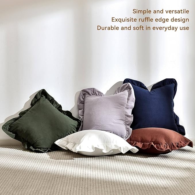 AmHoo Pack of 2 Throw Pillow Covers 100% Cotton Pre Washed Ruffle Decorative Pillowcase Cushion for Couch Sofa Bedroom 16 x 16-Inch Cream White